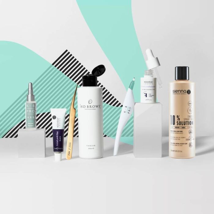 Selection of products available from Nouveau Beauty on the brand's pattern background