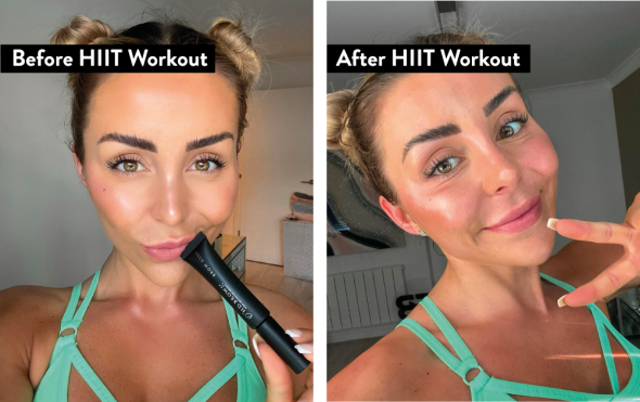 Courtney Black wearing Brow Glue before and after a HIIT workout