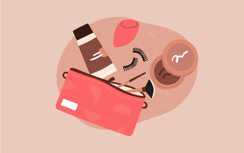 Artworked image of a make up bag with various beauty products spilling out